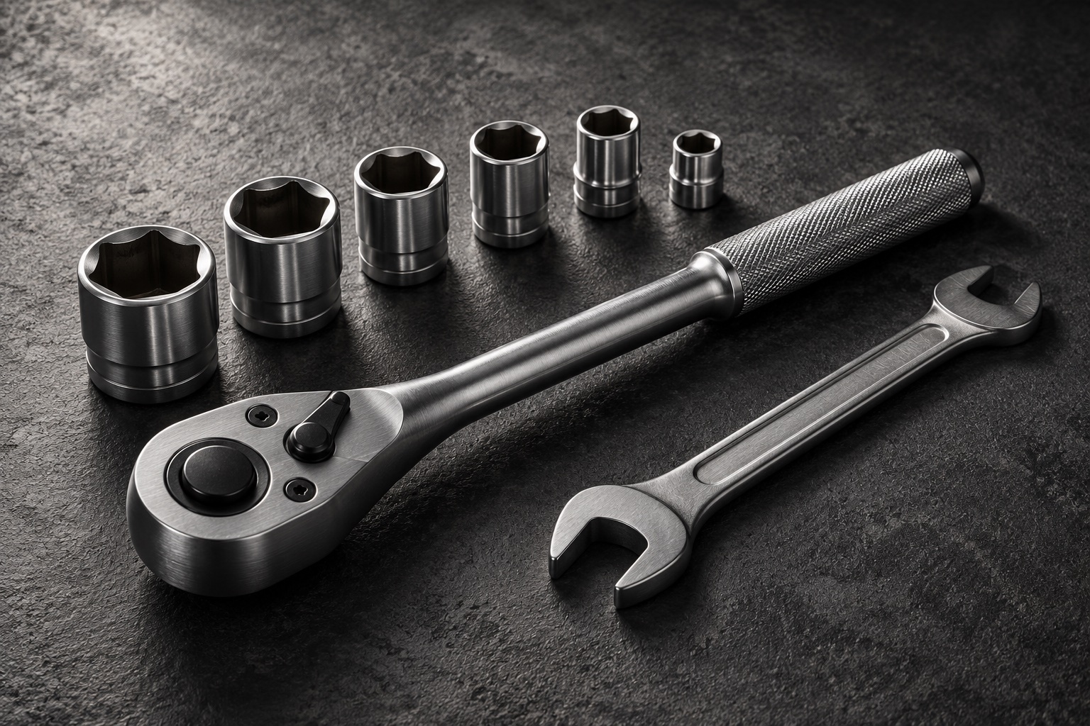 Illustrative still life of a ratchet, sockets and wrench
